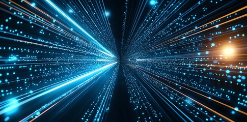 Poster - A stunning visual representation of futuristic digital space, featuring vibrant blue and gold light streams creating a mesmerizing sense of depth and motion.