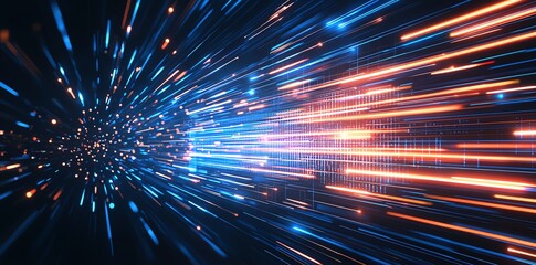 Poster - A vibrant depiction of dynamic light streaks in blue and orange, representing speed, energy, and innovation in a digital age, perfect for illustrating technological advancements.