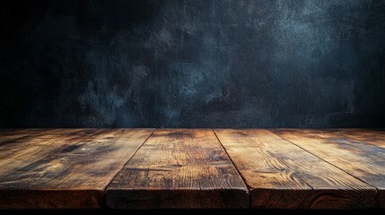 Poster - A beautiful wooden table with rich grain rests against a dark, textured wall. The warm tones from the wood add charm to any creative endeavor or gathering, inviting inspiration