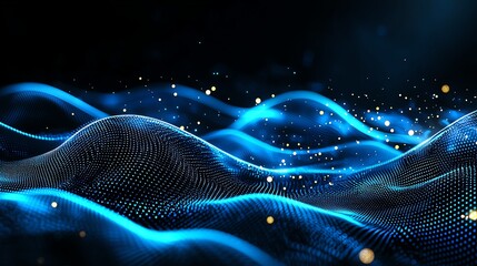 Poster - A mesmerizing abstract depiction of flowing blue waves with sparkling particles that creates a sense of depth and movement, perfect for digital backgrounds and visual projects.