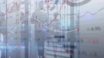 Poster - Financial graphs and data processing animation over people walking in office