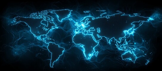 Aufkleber - A stunning digital representation of a world map illuminated with electric blue lines, symbolizing connectivity and the global network of information and technology.