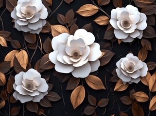 Wall Mural - 3D paper-cut art view with white flowers and brown leaves on a black background