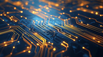 Poster - A close-up view of an intricate circuit board design featuring glowing lines and connections. Perfect for showcasing innovation, electronics, and modern technology concepts.