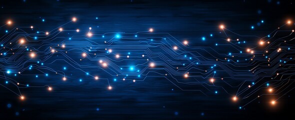 Poster - Abstract digital background featuring glowing circuits and sparkling lights. Ideal for illustrating concepts of connectivity, innovation, and modern technology.