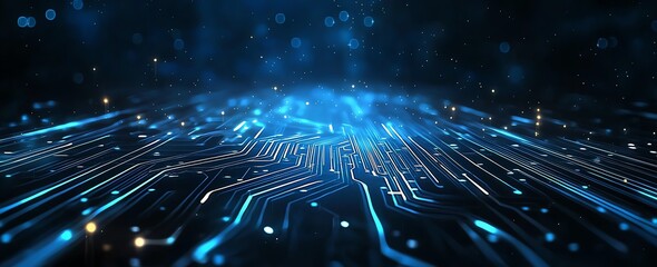 Aufkleber - A captivating view of a futuristic circuit board, illuminated with vibrant blue lights, showcasing the intricate pathways of technology and innovation in a digital landscape.