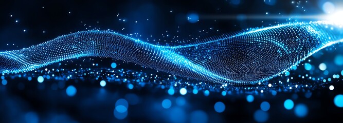 Poster - A mesmerizing wave of glowing blue particles dances across a dark background, creating a captivating visual effect that symbolizes technology and innovation.