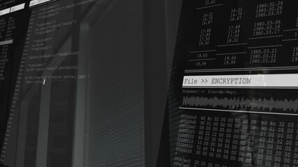 Poster - Animation of encryption process on computer screen with code and data visualization