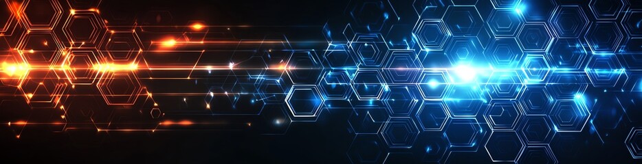 Poster - A stunning digital background featuring vibrant blue and orange hexagonal patterns with light streaks