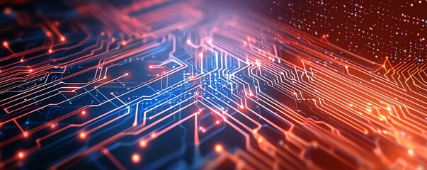 Aufkleber - A close-up view of a vibrant circuit board with illuminated paths showcasing intricate designs in blue and orange