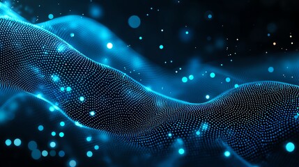 Poster - A stunning abstract illustration of a flowing wave with illuminated particles, showcasing a blend of vibrant blue hues against a dark background, perfect for tech-related themes.