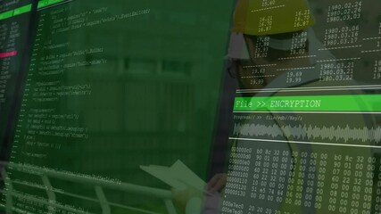 Poster - Animation of computer code overlaying person working on laptop in office
