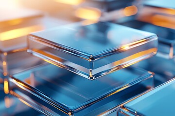 Poster - A close-up view of transparent glass blocks stacked abstractly, reflecting warm light and creating intriguing patterns. Ideal for modern design and technology-themed projects.