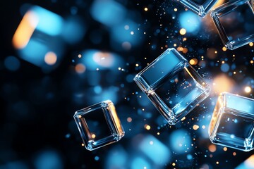 Poster - A dynamic composition of floating glass cubes illuminated by vibrant blue lights, creating a modern and abstract visual effect. Perfect for backgrounds and digital design projects.