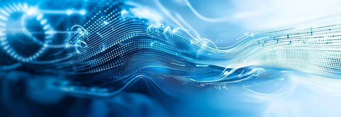 Poster - A mesmerizing abstract background featuring dynamic blue waves and digital elements, perfect for technology-themed projects or creative designs.