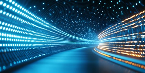 Poster - An abstract representation of light trails in a tunnel, showcasing futuristic technology and motion. The vibrant blue and orange lights create a dynamic atmosphere.