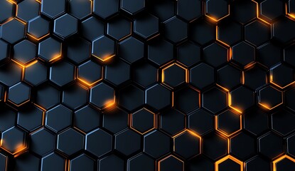 Poster - A close-up of an abstract hexagonal pattern with glowing orange accents against a dark background, perfect for technology, design, and digital art themes.