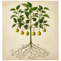 Detailed Botanical Illustration of a Tree with Yellow Green Fruits and Intricate Roots