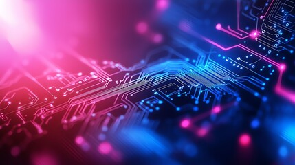 Poster - Abstract close-up of a vibrant circuit board with glowing lines and nodes, representing advanced technology and digital connections in modern electronics.