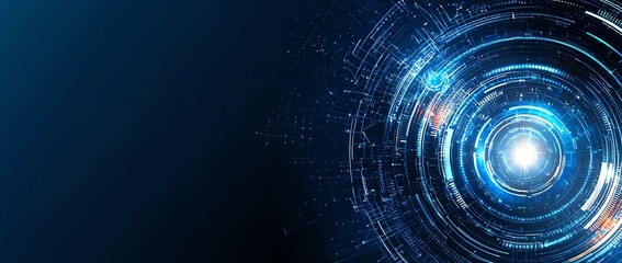 Poster - A captivating blue digital background featuring glowing circular patterns and particles. Ideal for tech-themed designs, digital art, and data visualization projects.