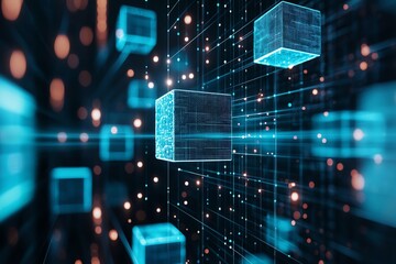 Poster - A futuristic perspective on digital technology, showcasing transparent cubes amid a network of illuminated data points, symbolizing the concept of virtual connectivity and innovati