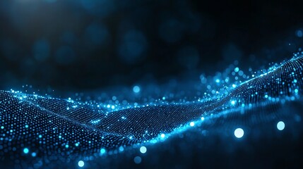Poster - A mesmerizing abstract depiction of glowing blue particles cascading across a dark background, symbolizing digital innovation and the flow of information in the tech world.