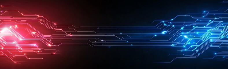 Poster - Futuristic digital background with vibrant red and blue lines representing data transfer and technological advancement. Ideal for tech-related projects and digital design.