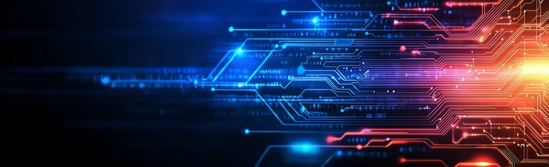 Poster - Futuristic digital circuit design showcasing vibrant colors and glowing lines. Ideal for technology-related themes, innovation, or modern communication concepts.