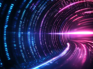 Poster - A futuristic light tunnel filled with vibrant blue and pink glowing lines