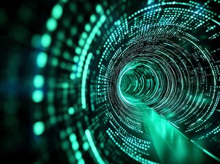 Poster - A captivating digital tunnel filled with swirling green light and binary code, representing data flow and connectivity in the modern digital landscape.