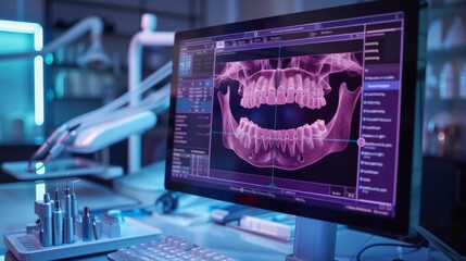 Fototapete - A dental office showcases a high tech setup with a computer displaying detailed x ray images of teeth. Tools are neatly arranged, highlighting a focus on patient care and technology.