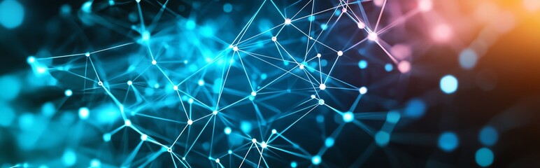 Aufkleber - A vibrant digital abstract representation of a network, showcasing glowing connections and nodes. Ideal for illustrating concepts of innovation, communication, and technology.