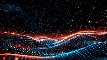 Aufkleber - A mesmerizing digital landscape featuring flowing lines of red and blue lights against a dark background