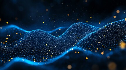Poster - An abstract representation of waves made from glowing particles, showcasing a mesmerizing interplay of blue and gold colors against a dark background, embodying digital innovation.