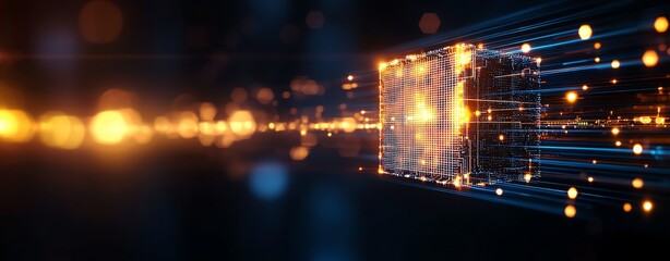 Aufkleber - A futuristic depiction of digital data transfer, featuring a glowing cube surrounded by dynamic light trails. This image symbolizes innovation, technology, and advanced computing.