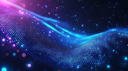 Poster - Abstract digital background featuring vibrant blue and pink waves of light amidst luminous dots, creating a dynamic and immersive visual experience for tech-oriented projects.
