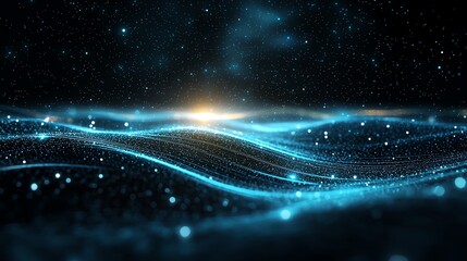 Poster - A mesmerizing digital landscape featuring dynamic blue waves of light, creating an otherworldly atmosphere. Ideal for projects related to technology, innovation, and digital art.