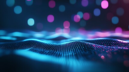 Poster - An abstract representation of digital waves illuminated by colorful bokeh lights. This image captures the essence of modern technology with vibrant hues and fluid motion.