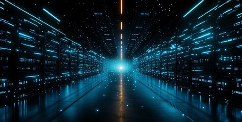 Aufkleber - A futuristic corridor of illuminated data servers leads into a glowing light