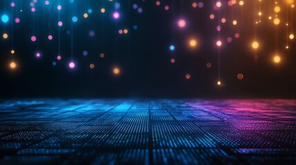 Poster - A mesmerizing abstract background featuring colorful lights in blue, purple, and orange, suspended against a dark backdrop