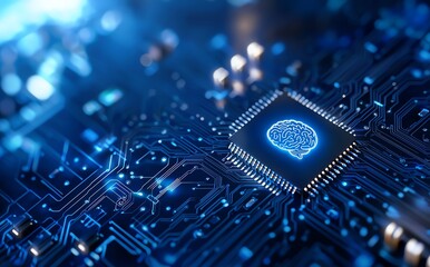Aufkleber - A close-up view of a microchip featuring an illuminated brain design. The image reflects advanced technology in artificial intelligence and digital innovation.