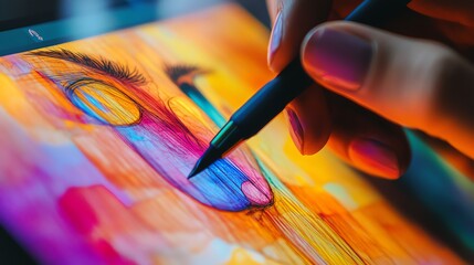 Poster - A vibrant digital artwork in progress, showcasing a colorful portrait being painted with a stylus on a tablet.