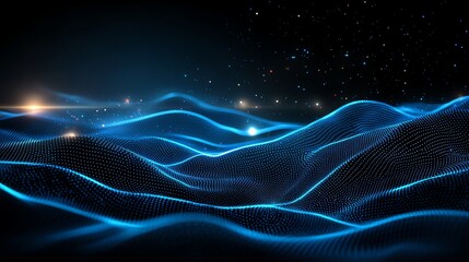 Poster - A captivating digital landscape featuring glowing blue waves, creating a sense of depth and futuristic ambiance. Ideal for tech-related projects or abstract designs.