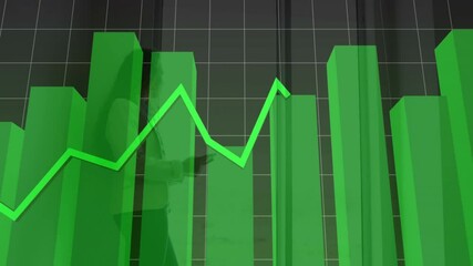 Poster - In office, business person analyzing green bar graph with fluctuating line animation