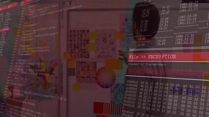 Poster - In office, diverse team brainstorming with animation of computer code and encryption text
