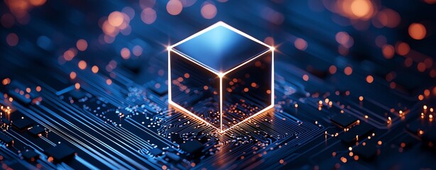 Poster - An abstract illustration featuring a glowing cube set against a digital circuit background, symbolizing innovation and technological advancement in the modern digital landscape.