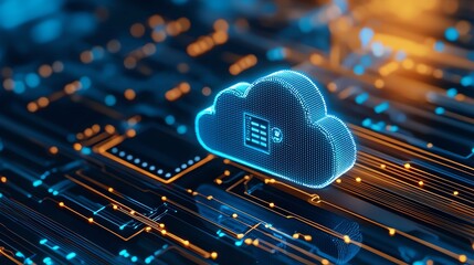 Poster - This image features a luminous cloud symbol on a digital circuit board, representing cloud computing and data storage technology in a modern, high-tech environment.