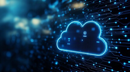 Poster - abstract digital cloud concept with glowing blue circuitry representing data storage and connectivit