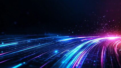 Poster - Dynamic light trails in vibrant colors illustrate the concept of speed and innovation. Perfect for representing technology advancements, data transfer, and digital creativity.