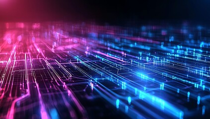 Poster - A vibrant digital landscape showcasing interconnected lines of light in pink and blue hues. This energetic image represents innovation and the dynamic world of technology.